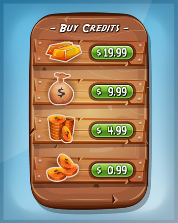 Bag of gold coins: Illustration of a funny cartoon design wood panel, with buying credits levels and price options, coins, dollar bag and gold ingot, for game ui app on tablet pc, on blue sky