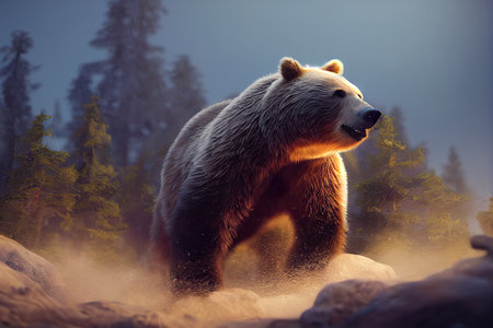 The brown bear in the american forest and wildlife rendering in 3d illustration. ursus arctos species. Banco de Imagens