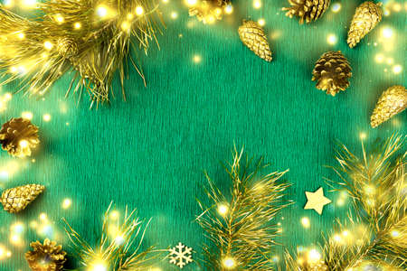 Christmas Frame With Fir Tree Branches Pine Cones Lights Golden Ornaments On Christmas Frame With Fir Tree Branches Pine Cones Lights Golden Ornaments On