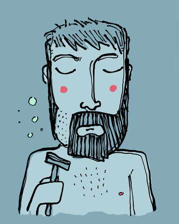 手描きイラストや彼のひげを剃る悲しい漫画男の図面 のイラスト素材 ベクタ Image