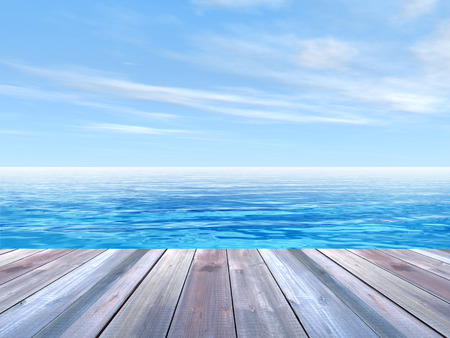 Concept or conceptual wood deck over blue sea and sky - 36117716