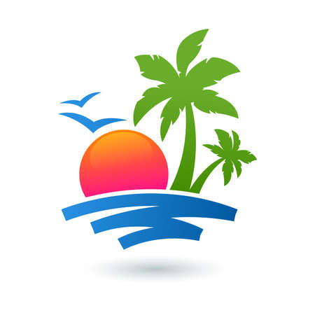 Summer Beach Illustration Abstract Sun And Palm Tree On Seaside Vector Logo Design Template Summer Beach Illustration Abstract Sun And Palm Tree On Seaside Vector Logo Design Template
