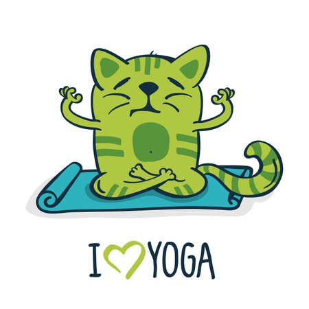 Green Cartoon Cat On Blue Mat In Yoga Position Vector Illustration Isolated White Background Green Cartoon Cat On Blue Mat In Yoga Position Vector Illustration Isolated White Background