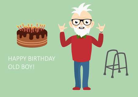 Happy birthday old boy. Funny birthday card for the still young. illustration for forever young boys. Age is just a number!