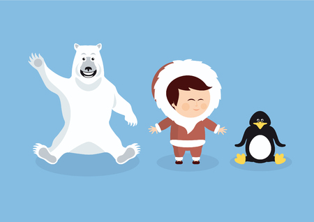 漫画極地動物および人々 マンガ キャラクター エスキモー シロクマやペンギンのイラスト素材 ベクタ Image
