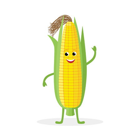 白い背景に隔離トウモロコシの漫画のキャラクター 健康的な食品面白いコーン耳マスコットベクトルイラストフラットデザイン のイラスト素材 ベクタ Image