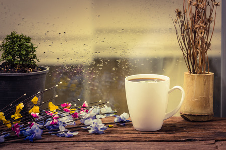 Steaming coffee cup on a rainy day window background Фото со стока