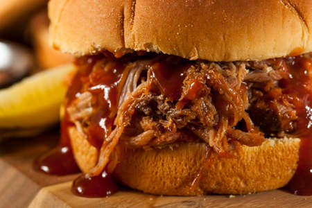 Barbeque pulled pork sandwich with bbq sauce and fries Imagens