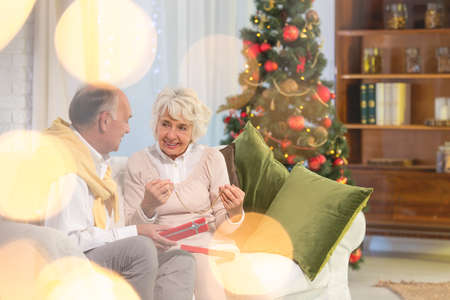幸せな先輩カップル ソファに座っているとクリスマス プレゼント交換 の写真素材 画像素材 Image