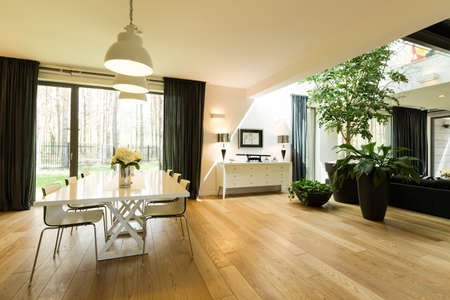 Open spacious room with large windows, minimalist dining table with chairs, plants and pendant lamps - 67277783