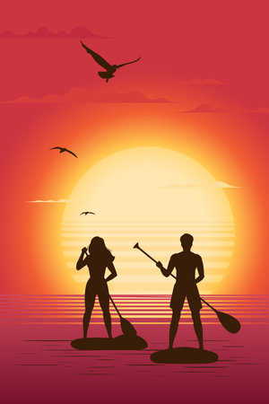 Silhouettes of man and woman standing on paddle board with a paddle against the backdrop of the setting sun. beautiful summer seascape. vector illustration Фото со стока