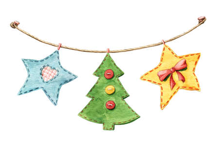 christmas ornament garland with patchwork stars fir tree flags decorated with ribbons and buttons - Decorative Christmas Flags christmas ornament garland with patchwork stars fir tree flags decorated with ribbons and buttons - Decorative Christmas Flags