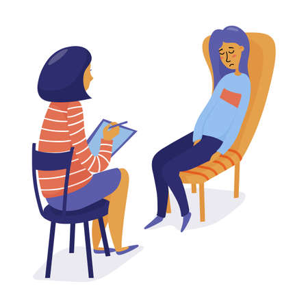 Young pretty woman, girl visiting a therapist, feeling sad and frustrated, flat vector illustration isolated on white background. therapist, psychologist consulting young depressed woman, girl Stock Photo
