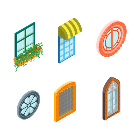 glass windows set isometric view decoration building construction element urban street design style vector illustration
