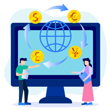 Vector illustration of modern business concept style currency exchange online money transactions stock trading icon set open banking platform stock market metaphor