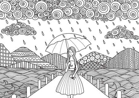 Beautiful Girl Walking On The Bridge While It\'s Raining, Doodle ... Beautiful Girl Walking On The Bridge While It\'s Raining, Doodle ...