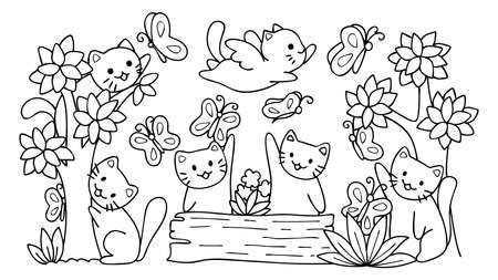 森の中で蝶と遊ぶ手描きかわいい猫たち デザイン要素と塗り絵のページ ベクターイラストレーター のイラスト素材 ベクタ Image