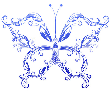 Artistiquement peinte en bleu avec des ailes de papillon originaux motifs sur un fond blanc. Banque d'images - 30728335