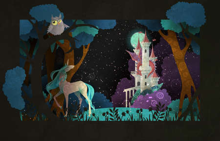Book cover fairy tale illustration unicorn in front of castle, dragon, night sky and moon