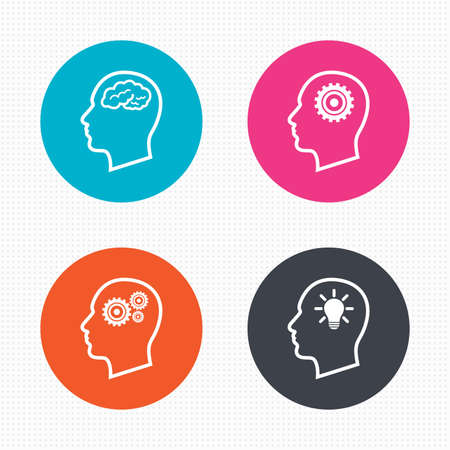 脳と考え頭ランプ電球アイコン 男性の人間では シンボルだと思います 歯車は歯車の兆候です サークル アイコンでフラットなボタン のイラスト素材 ベクタ Image
