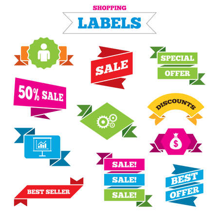 Sale shopping labels business icons human silhouette and presentation board with charts signs dollar money bag and gear symbols best special offer vector Vector Illustration