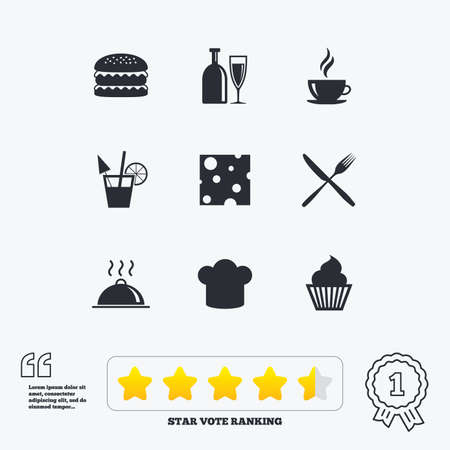食べ物 飲み物のアイコン アルコール 魚およびハンバーガーの看板 ホット犬 チーズ レストランのシンボル スター投票ランキング 受賞業績と引用符 のイラスト素材 ベクタ Image