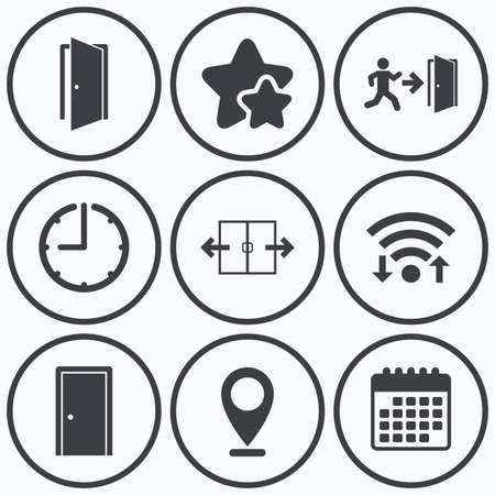 時計 Wifi 星のアイコン 自動ドアのアイコン 矢印シンボルの非常口 火出口のサイン カレンダーの記号です のイラスト素材 ベクタ Image 時計 Wifi 星のアイコン 自動ドアのアイコン 矢印シンボルの非常口 火出口のサイン カレンダーの記号です のイラスト素材 ベクタ Image