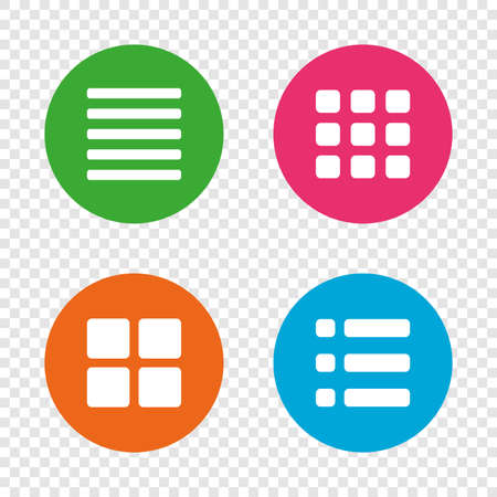 メニューのアイコンを一覧表示します コンテンツ ビューのオプション記号 サムネイルのグリッドまたはギャラリー ビュー 透明の背景上の丸いボタン ベクトルのイラスト素材 ベクタ Image