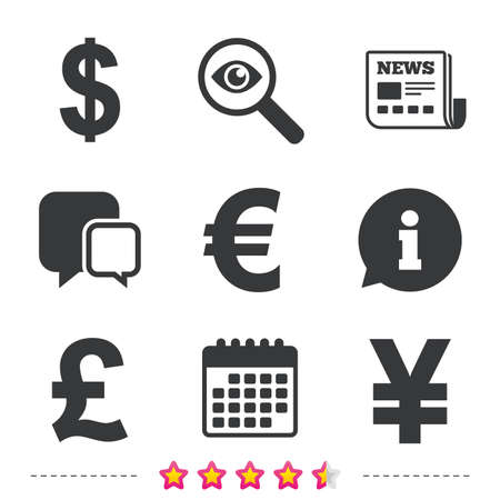 お金袋のアイコン ドル ユーロ ポンド 円吹き出し記号 米ドル ユーロ ポンド 円の通貨記号 新聞 情報 カレンダーのアイコン 拡大鏡 チャット記号を調査します ベクトルのイラスト素材 ベクタ Image