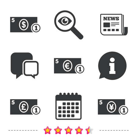 お金袋のアイコン ドル ユーロ ポンド 円吹き出し記号 米ドル ユーロ ポンド 円の通貨記号 新聞 情報 カレンダーのアイコン 拡大鏡 チャット記号を調査します ベクトル のイラスト素材 ベクタ Image