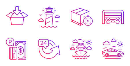 Delivery timer, Parking payment and Ship travel line icons set. Lighthouse, 24 hours and Parking garage signs. Get box, Car travel symbols. Express logistics, Paid garage. Transportation set. Vector Stock Vector - 127878847