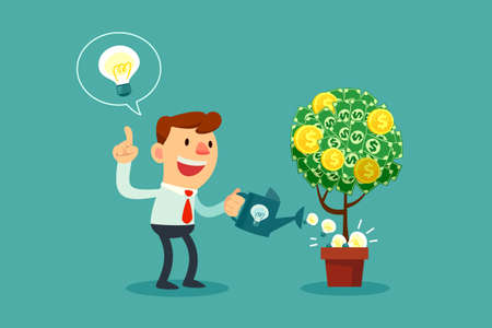 Happy businessman watering money tree with idea bulbs. Иллюстрация