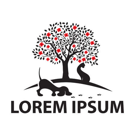 cat sitting under blooming tree until puppy tracing paws trail