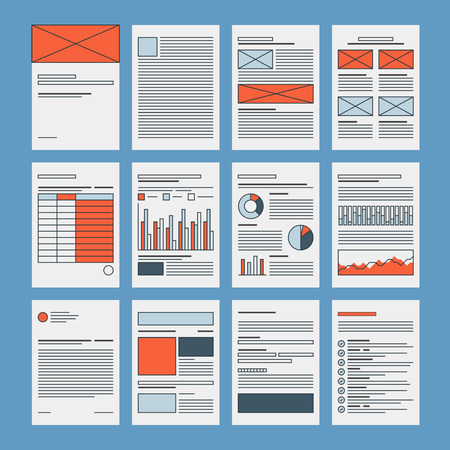 企業ビジネス文書テンプレートは 会社のプレゼンテーション ファイルのレイアウト 財務データ マーケティング研究の抽象的な論文 フラット デザイン アイコンを設定モダンなベクトル イラスト概念 のイラスト素材 ベクタ Image 34450601