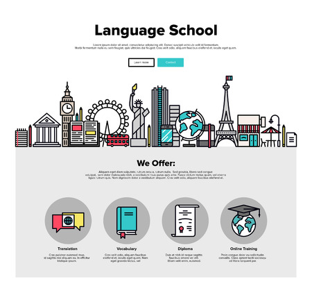 One page web design template with thin line icons of language school training program, study foreign language abroad, internet lessons. Flat design graphic hero image concept, website elements layout.