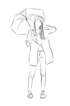 手には 傘を持つ若い女性が描かれました ベクトル図 のイラスト素材 ベクタ Image