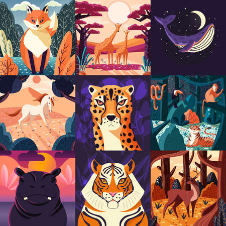 Collection of nine hand drawn illustrations of animals and nature. beautiful landscapes and wildlife. Stock Photo