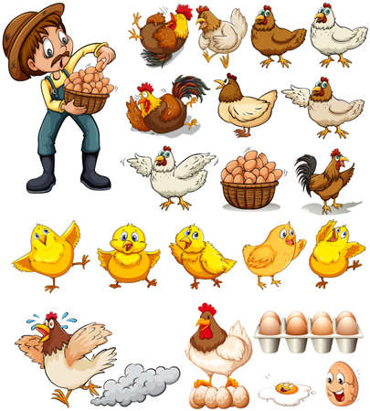Farmer collecting eggs from chickens illustration