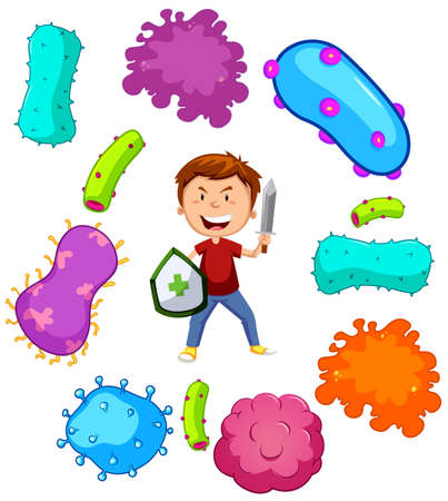Boy with weapon fighting germs illustration