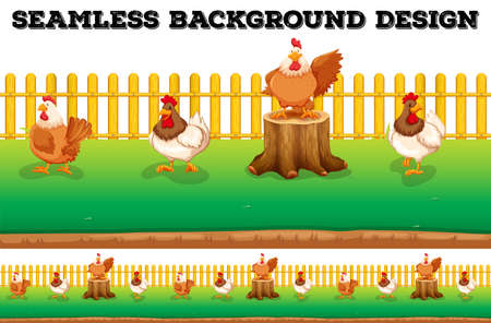 Seamless background with chickens on the farm illustration Vector Illustration