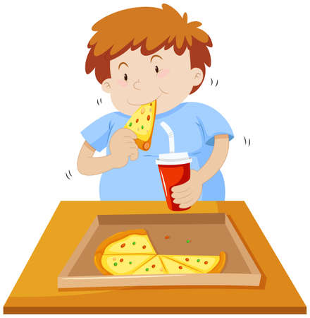 ピザのイラストを食べて太った少年のイラスト素材 ベクタ Image