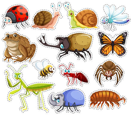 多くの昆虫のイラストのステッカー セット のイラスト素材 ベクタ Image