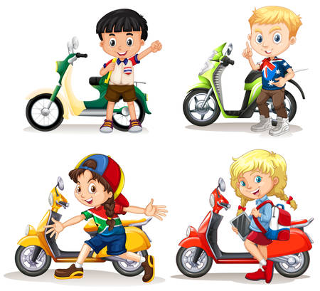 motorcycle girl: Boys and girls riding scooters illustration