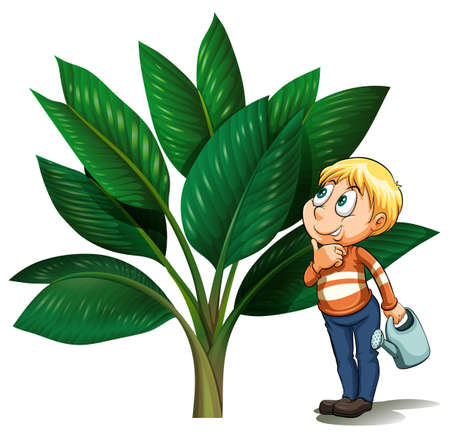 Man with watering can looking at the tree illustration