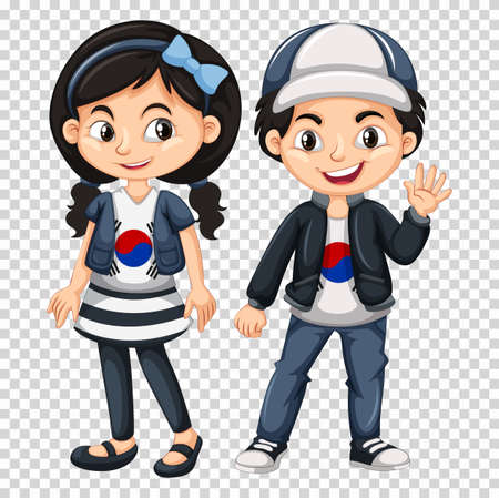 男の子と女の子が韓国国旗イラスト T シャツを着てのイラスト素材 ベクタ Image