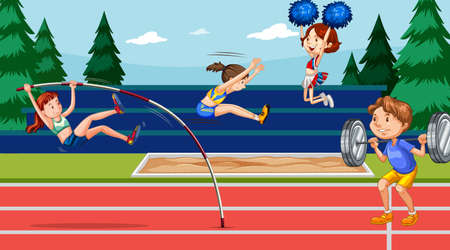 Scene with people doing track and field sports illustration Stock Photo