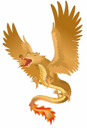 golden dragon soaring, wings spread, open mouth clip art preview