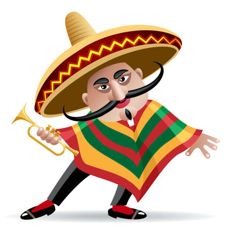 illustration of mexican musician in sombrero with trumpet drawn in cartoon style - 34348041