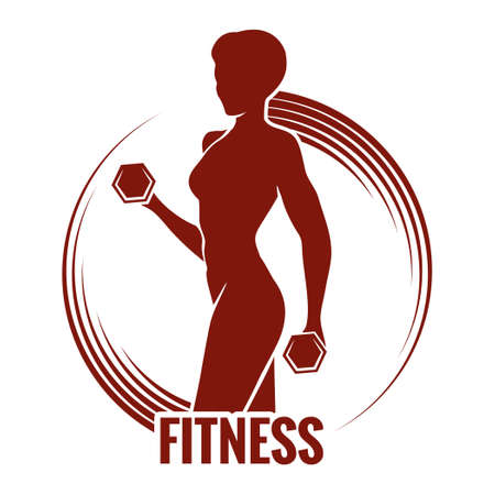 Fitness logo or emblem with muscled woman silhouettes. Woman holds dumbbells. Only free font used. Иллюстрация