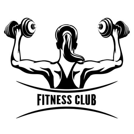 Fitness Club emblem with training muscled woman.